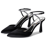 Load image into Gallery viewer, Coutgo Women Rhinestone Heels Kitten High Satin Pumps Pointed Toe Sparkly Sexy Wedding Dress Shoes Black
