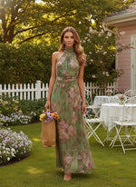 Load image into Gallery viewer, Wedding Guest Dresses for Women Chiffon Watercolor Floral Maxi Dress Halter Neck Sleeveless Pretty Garden Dresses Green
