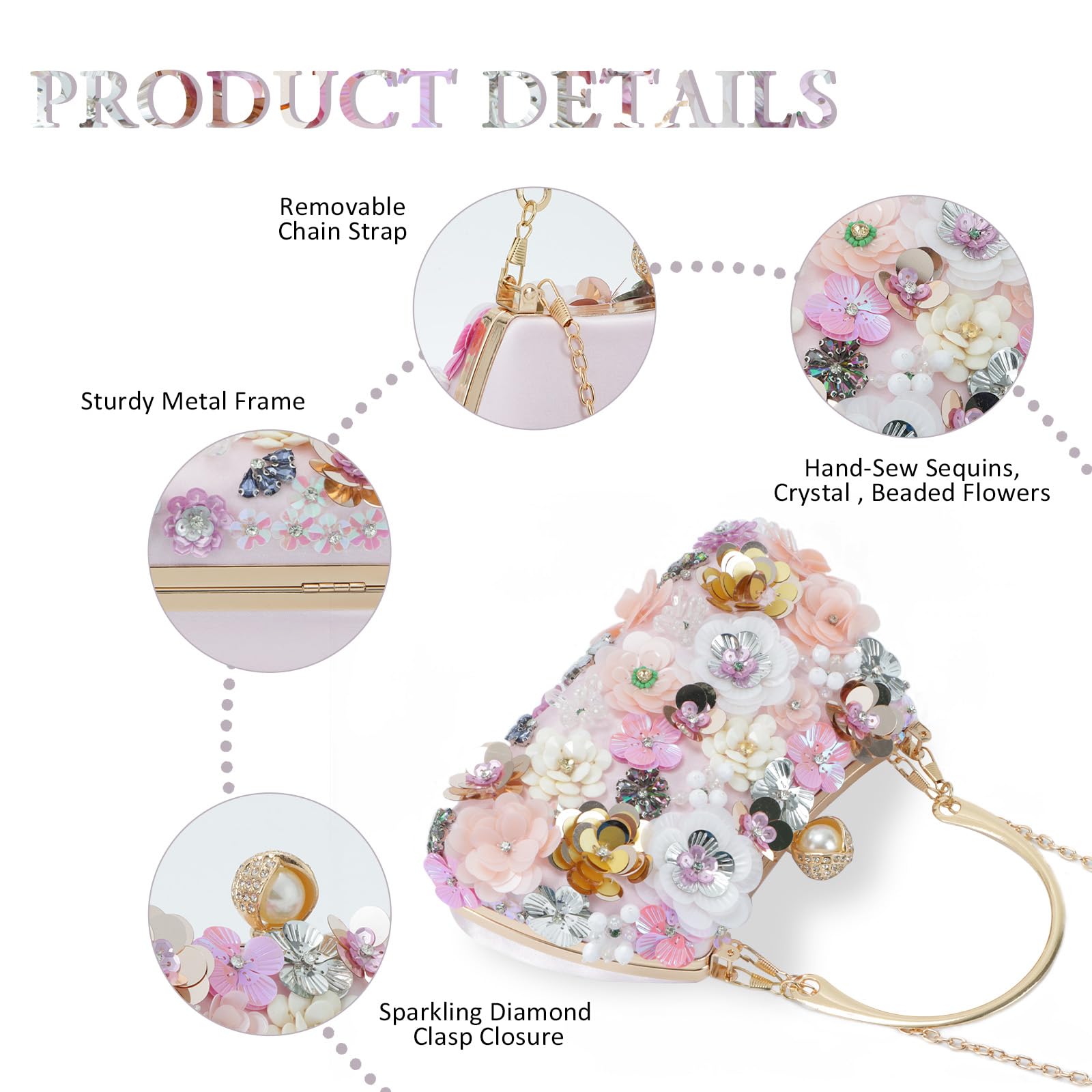 Fecialy Flower Clutch Purse Women 3D Floral Evening Handbags Chain Strap Shoulder Bag for Formal Party Bride Wedding