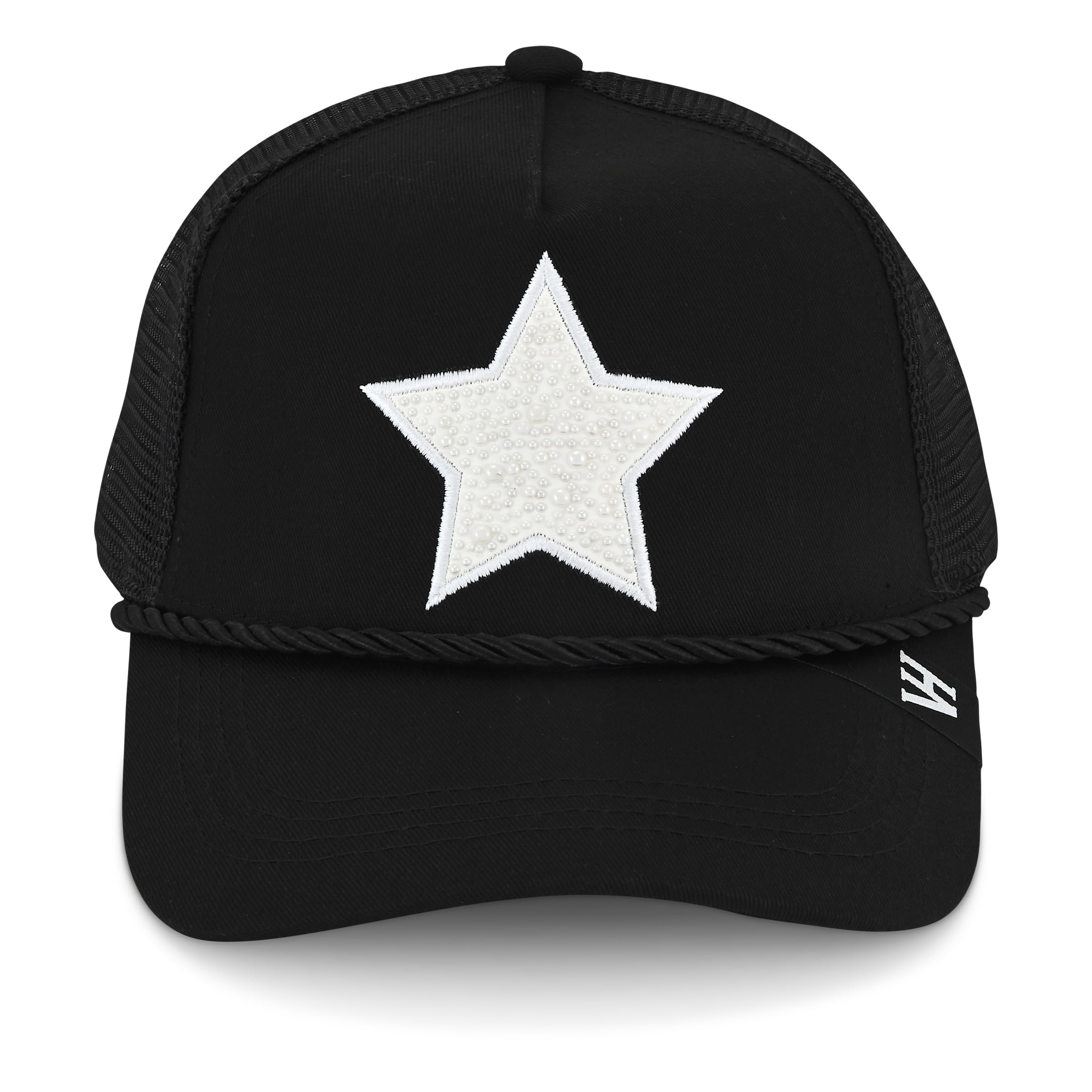 VINTAGE HAVANA Black Trucker Hats Women White Pearl Embellished Star & Rope | Mesh Adjustable Snapback Hat | Men Women Baseball Cap