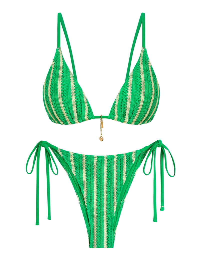 ZAFUL Green Crochet Beads Bikini Sets for Women Cheeky Two Piece Tropical Bathing Suits Striped Brazilian High Cut Knit Swimsuit for Vacation Resort Wear 2026