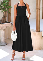 Load image into Gallery viewer, KIRUNDO Women Summer Sleeveless Halter Maxi Dress Sundress 2025 Casual Flowy Wedding Guest Cocktail Beach Vacation Dresses(Black, Medium)
