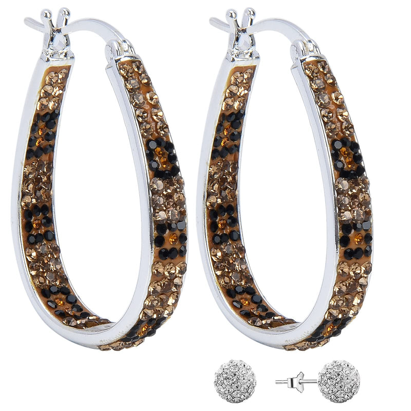 MICANU Silver Plated Oval Inside Out Crystal Hoop Earrings For Women Fashion Jewelry Gift (Brown)