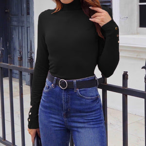 Hyipels Women's Turtleneck Sweater Long Sleeve Fitted Lightweight Soft Knit Pullover with Metal Buttons Black