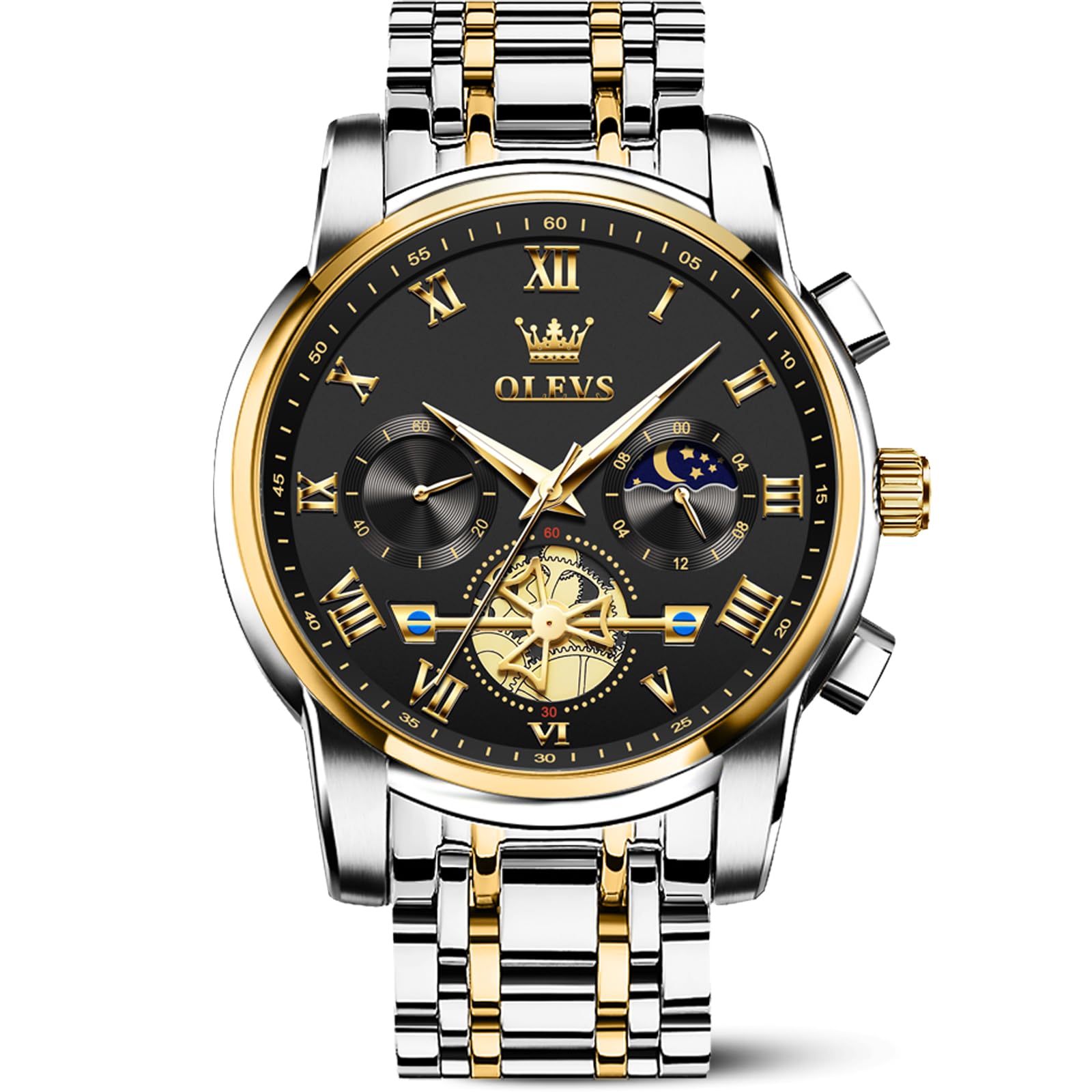 OLEVS Black Watches for Men Luxury Fashion Gold and Silver Stainless Steel Men's Wrist Watches Classic Nice Big Face Waterproof Quartz Men Watch with Day Two Tone Moon Phase Relojes para Hombres