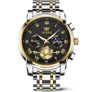 OLEVS Black Watches for Men Luxury Fashion Gold and Silver Stainless Steel Men's Wrist Watches Classic Nice Big Face Waterproof Quartz Men Watch with Day Two Tone Moon Phase Relojes para Hombres
