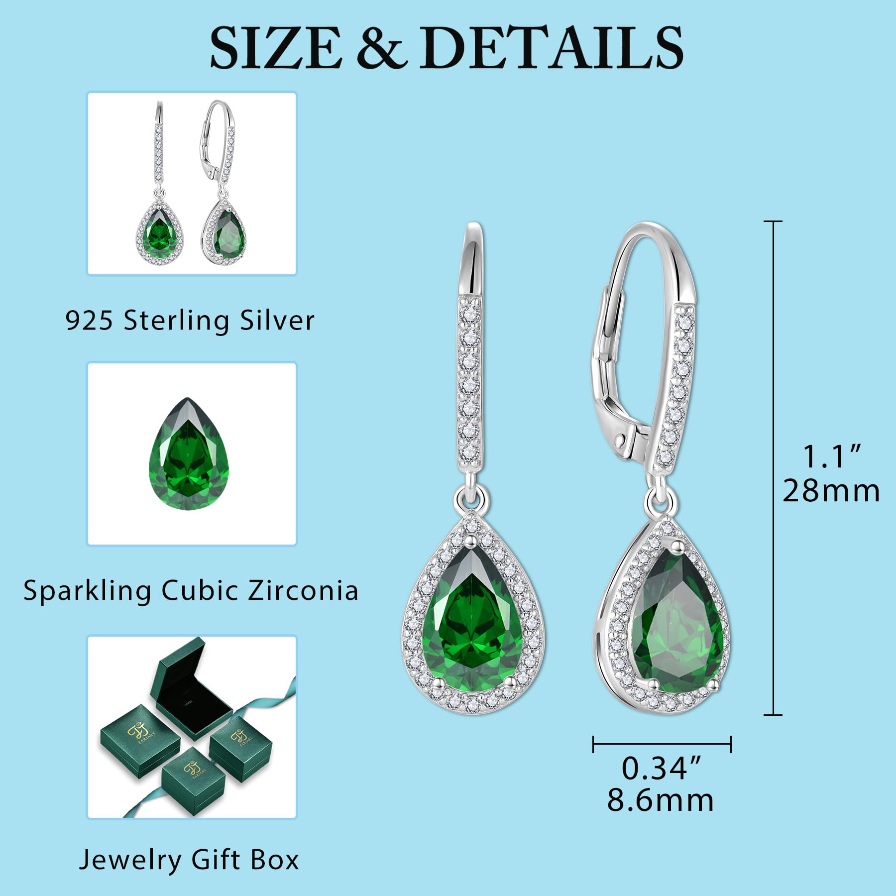 FJ Teardrop Emerald Earrings 925 Sterling Silver Dangle Drop Earrings May Birthstone Jewelry for Women