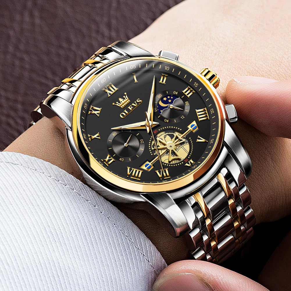 OLEVS Black Watches for Men Luxury Fashion Gold and Silver Stainless Steel Men's Wrist Watches Classic Nice Big Face Waterproof Quartz Men Watch with Day Two Tone Moon Phase Relojes para Hombres