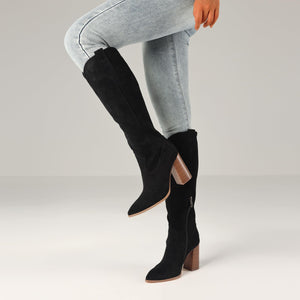 MeiLuSi Fall Boots for Women 2025 Black Knee High Cowboy Boots, Tall Suede Shoes Fashion Cowgirl Shoes Chunky High Heel