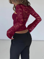 Load image into Gallery viewer, Xuiqx Women's Lace Long Sleeve Going Out Top Sexy Y2K Cut Out Double Lined Slim Night Out Club Party Tops (Burgundy Medium)
