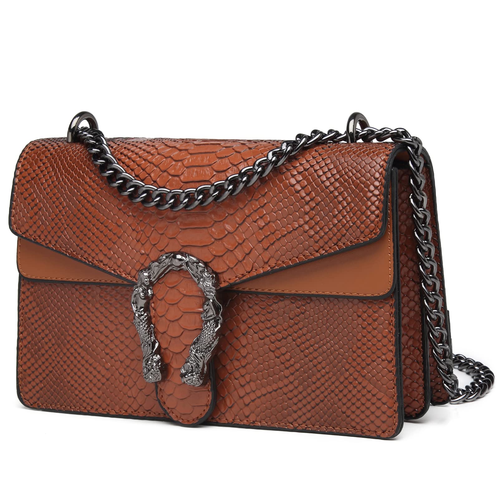 MYHOZEE Crossbody Bags for Women - Snake Printed Clutch Purses Leather Shoulder Bags Chain Strap Evening Handbags Brown