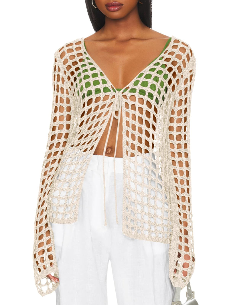 Saodimallsu Womens 2024 Summer Crochet Bathing Suit Cover Ups Long Sleeve V Neck Open Front Swimwear Cover Up Creamy-White