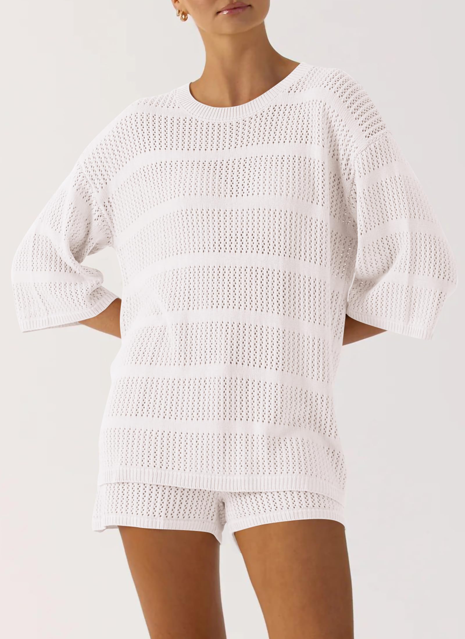 PRETTYGARDEN Women's Summer 2 Piece Swimsuit Coverup Hollow Out Knit Half Sleeve Tops Shorts Sets Bathing Suit Beach Outfits (White,Medium)