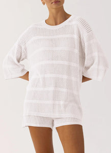 PRETTYGARDEN Women's Summer 2 Piece Swimsuit Coverup Hollow Out Knit Half Sleeve Tops Shorts Sets Bathing Suit Beach Outfits (White,Medium)