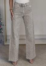 Load image into Gallery viewer, Famnbro Womens Rhinestone Jeans Baggy Y2K High Waisted Straight Wide Leg Sparkly Bling Glitter Denim Pants Light Grey

