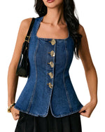 Load image into Gallery viewer, EZAPINE Women's Metal Button Front Denim Tank Top Sleeveless Square Neck Slim Fit Jean Vest
