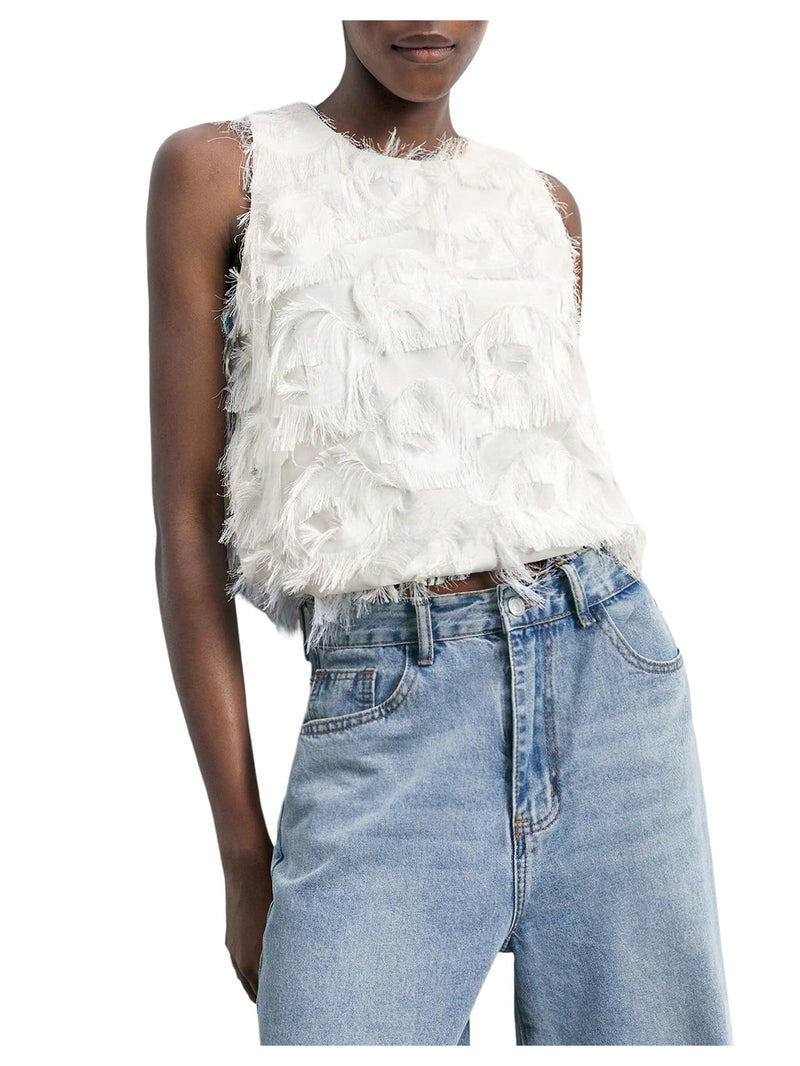 GORGLITTER Women's Fringed Boho Western Tops Sleeveless Crew Neck Y2k Country Concert Going Out Tank Top White Medium