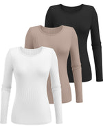 Load image into Gallery viewer, Ficerd 3 Pack Women's Ribbed Long Sleeve Tops, Crew Neck Slim Fit Knit Undershirts Basic Casual Stretch Layering Tee Shirts(Black, Khaki, White,Medium)
