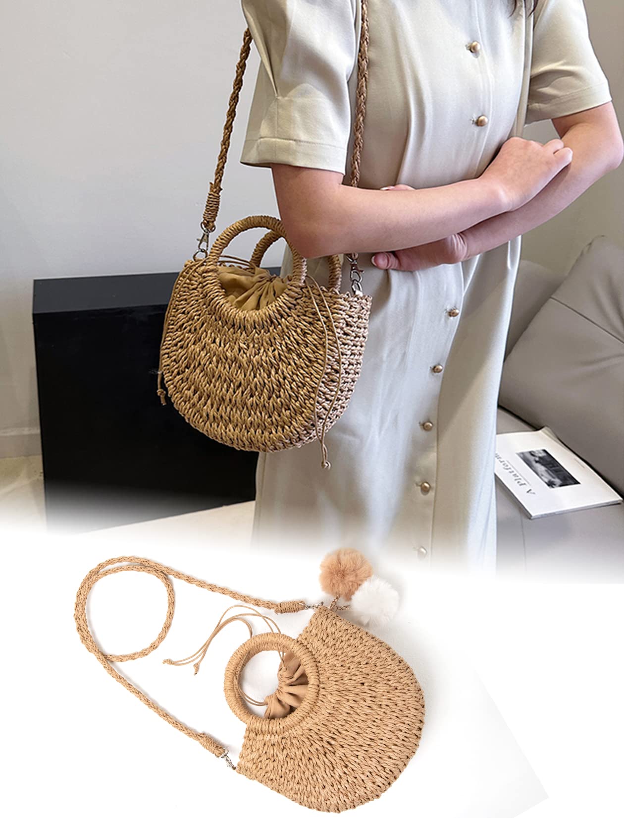 Garemcy Summer Straw Beach Bag Women's Woven Crossbody Shoulder Bag Womens Straw Tote Bag Handbag Khaki