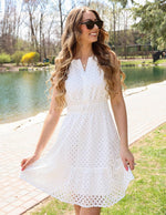 Load image into Gallery viewer, ZESICA Women's Summer Sleeveless Mini Dresses 2026 Spring V Neck Hollow Out Eyelet Flowy A Line Beach Vacation Sundress White Medium
