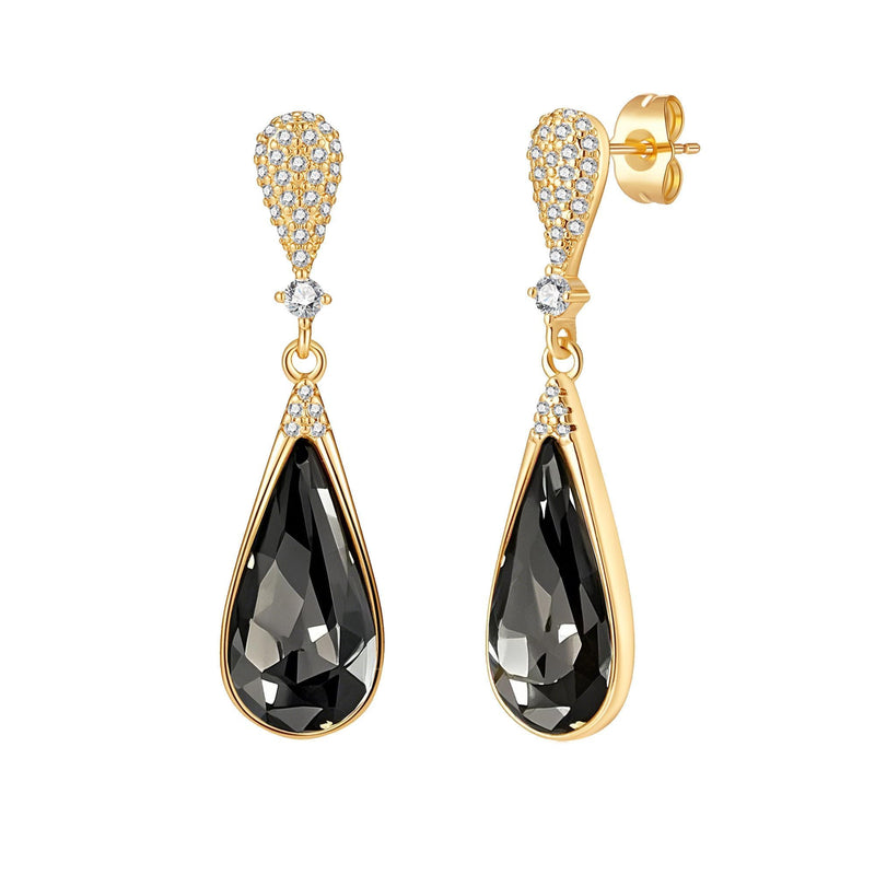 Austrian Crystal Teardrop Dangle Drop Earrings for Women 14K Gold Plated Hypoallergenic Jewelry Gift (Black)