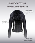 Load image into Gallery viewer, Bellivera Women's Faux Leather Short Jacket Moto Sherpa-Lined Coat with Removable Fur Collar 9201 Black L
