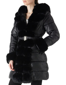 RISISSIDA Puffer Jacket Women Winter Down Faux Fur Lined Puffy Coat with Long Collar Hood, Thicken Quilted Warm Leather Bubble Overcoat Black M