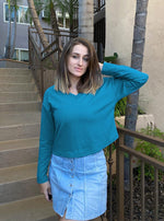 Load image into Gallery viewer, Poetsky Womens Knit Sweaters Pullover Long Sleeve V Neck Shirt Loose Lightweight Tops Waffle Off The Shoulder Sweater Blue Green M
