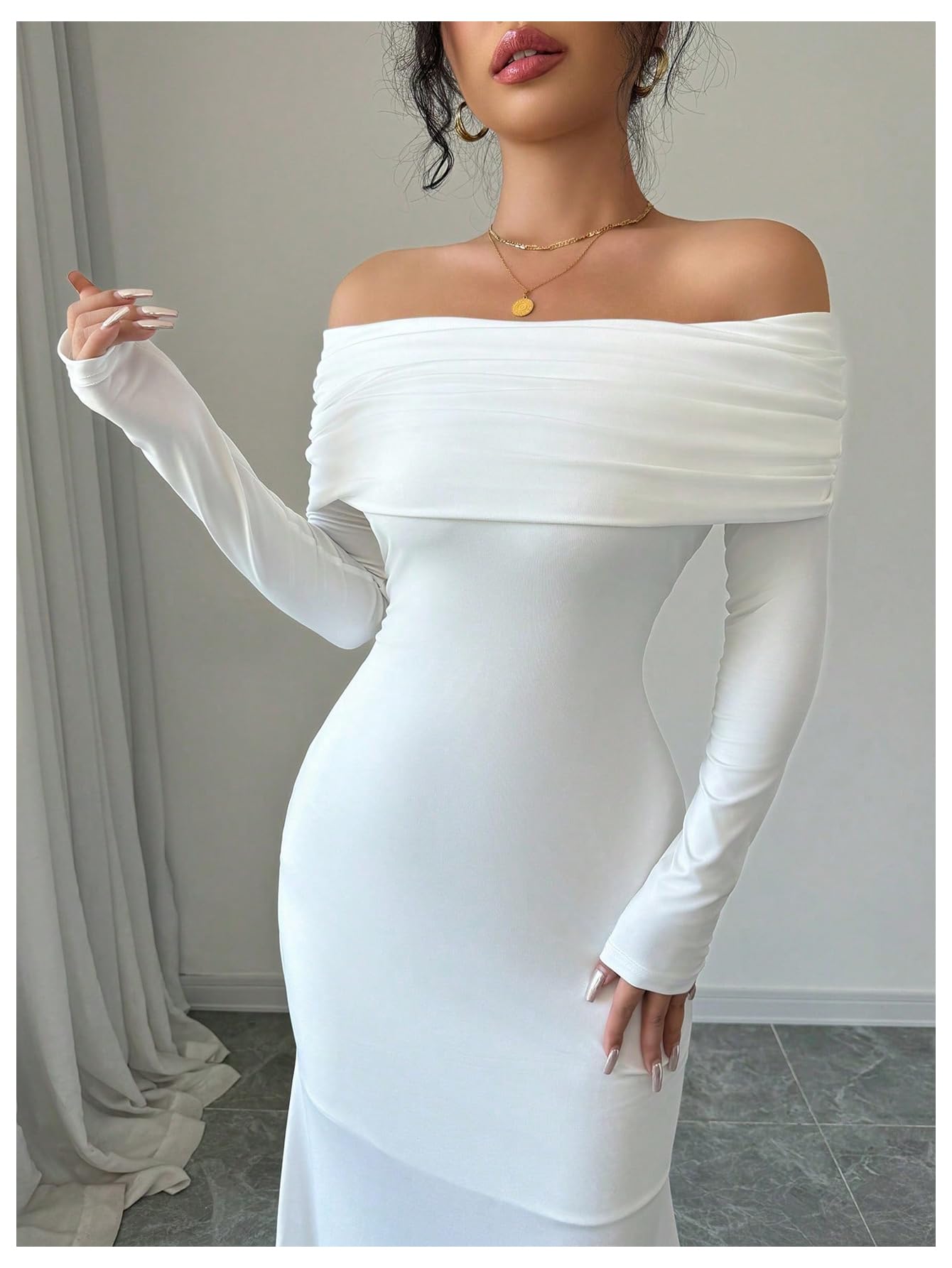 SOLY HUX Women's Long Sleeve Off The Shoulder Bodycon Dress Elegant Maxi Dress Cocktail Prom Dresses Pure White Large