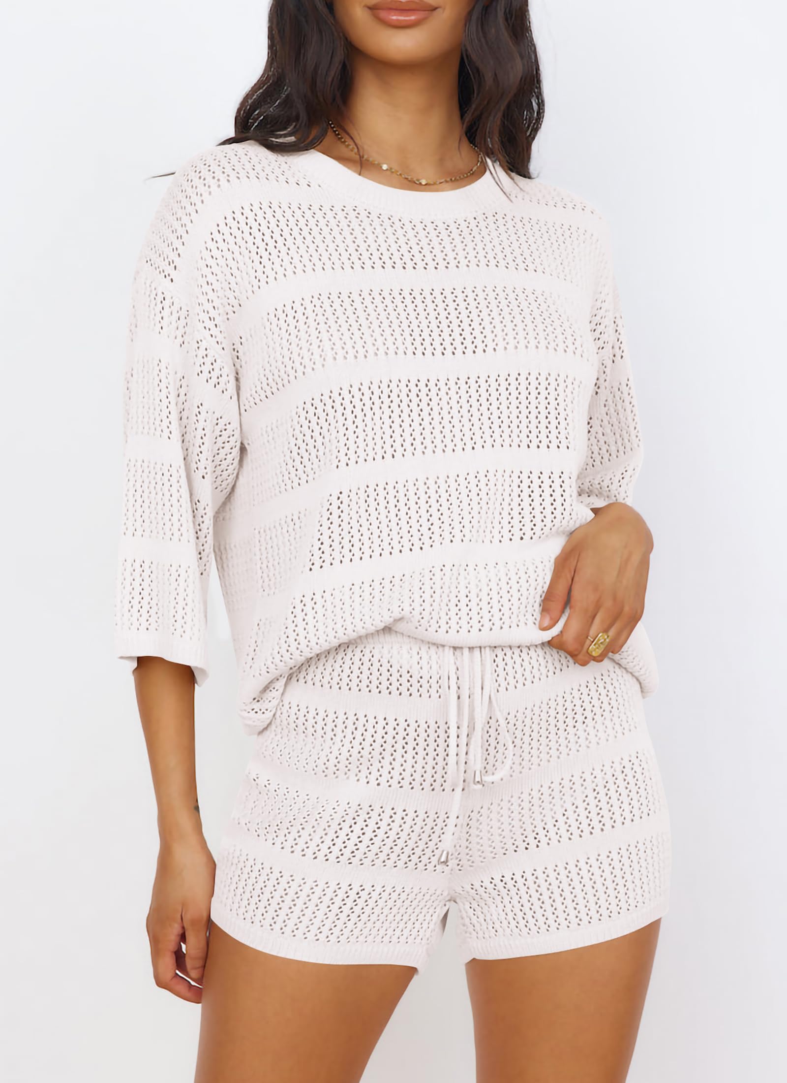 PRETTYGARDEN Women's Summer 2 Piece Swimsuit Coverup Hollow Out Knit Half Sleeve Tops Shorts Sets Bathing Suit Beach Outfits (White,Medium)