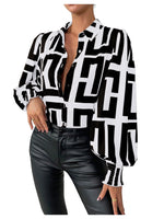 Load image into Gallery viewer, SweatyRocks Women&#39;s Graphic Print Long Lantern Sleeve Collar Neck Button Front Blouse Shirt Top Black Medium
