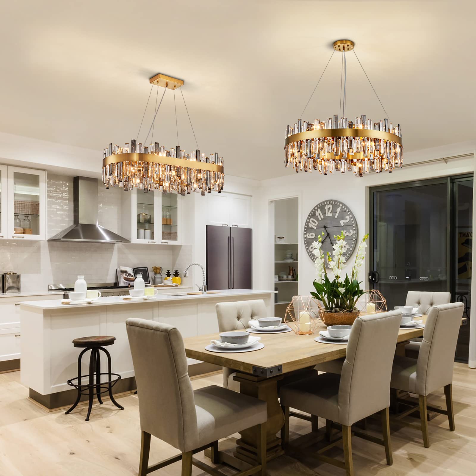 Siljoy Modern Crystal Chandelier 16 Lights Luxury Gold Round 2 Tiers Raindrop Chandelier Dimmable Flush Mount Crystal Ceiling Light for Dining Room Living Room Entryway Foyer D31.5''