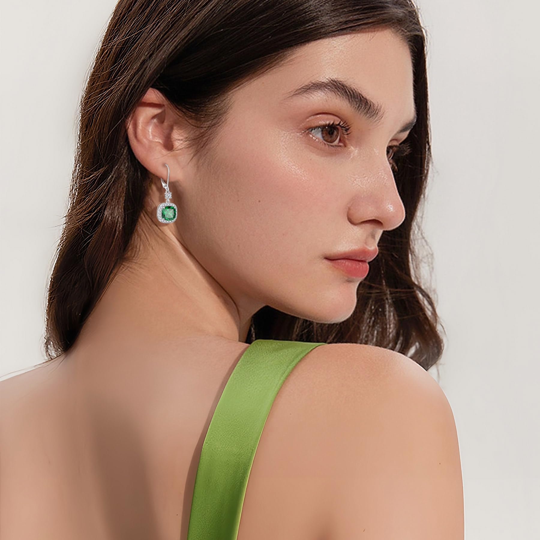 Inpasne Women Leverback Earrings 925 Sterling Silver Princess Cut Halo Earrings Emerald May Birthstone Dangle Drop Earrings for Women Her Mom Wife