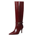 Load image into Gallery viewer, COMJUY Smooth Burgundy Knee High Boots Women Stiletto High Heel 3.3in, Side Zipper Pointed Toe Metal Buckle Tall Boots Dress Boots for Women, Comfortable Faux Leather Below Knee Long Boots Size 8.5
