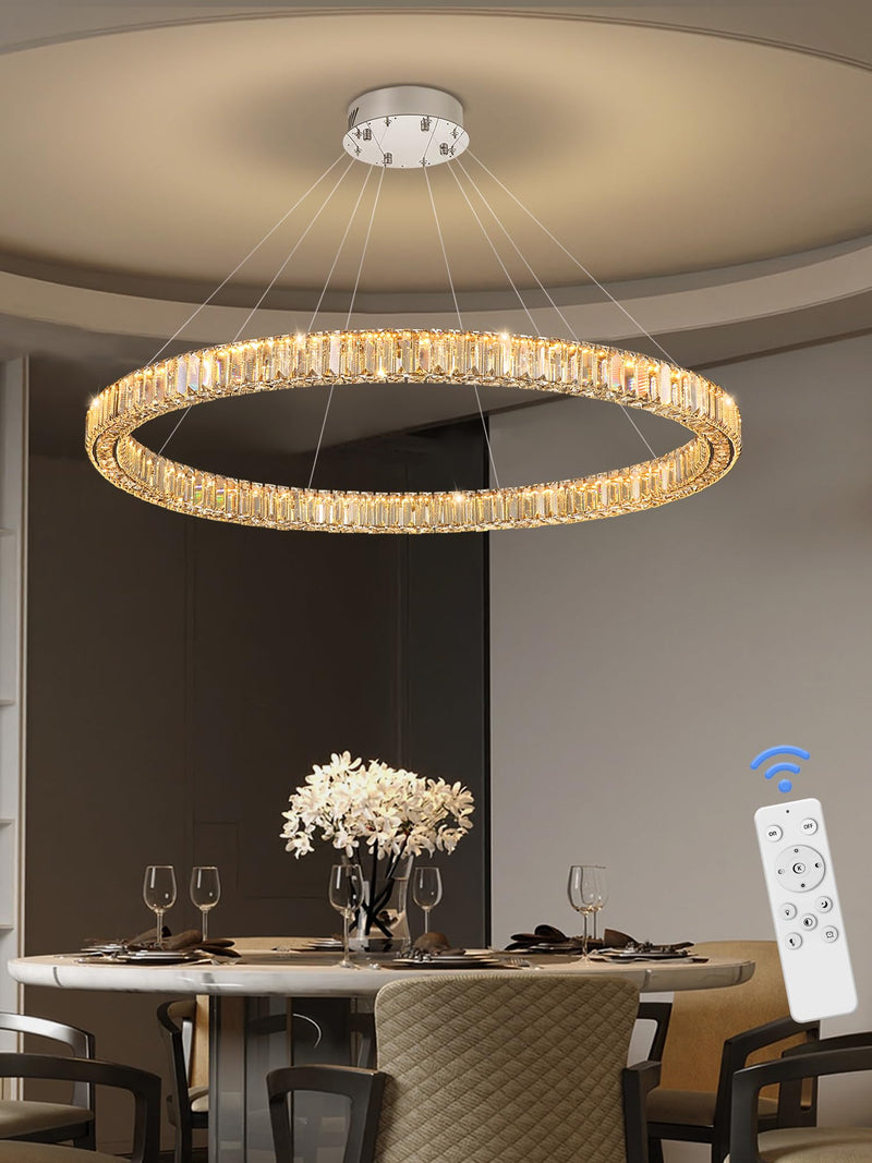 Flashing God W48'' Modern Crystal Chandelier for Living Room Ring Chandelier LED Ceiling Lights Fixture with Remote Crystal Hanging Pendant Lighting for Dining Room Hallway Foyer