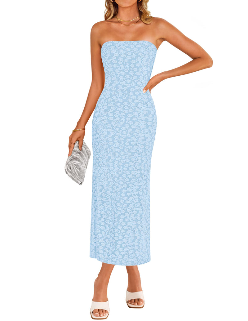 ZESICA Women's 2026 Summer Floral Strapless Bodycon Midi Dress Off Shoulder Tube Beach Wedding Guest Party Long Dresses Blue Small