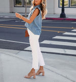 Load image into Gallery viewer, Women&#39;s Denim Top Casual Distressed Button Down Cap Sleeve Ruffle Blouses Summer Sleeveless Collared Jean Shirt
