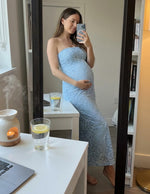 Load image into Gallery viewer, ZESICA Women's 2026 Summer Floral Strapless Bodycon Midi Dress Off Shoulder Tube Beach Wedding Guest Party Long Dresses Blue Small

