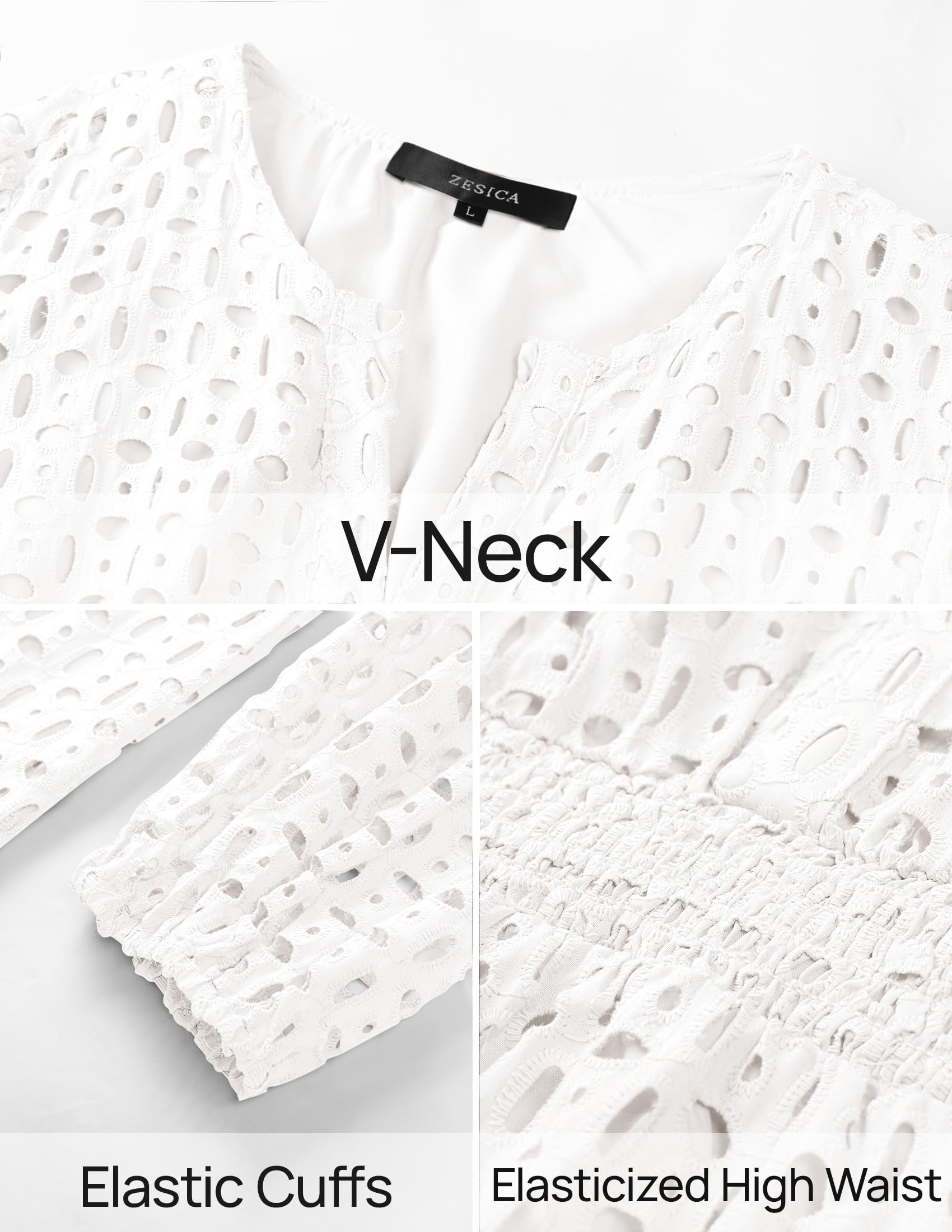 ZESICA Women's 2025 Long Sleeve Mini Dress Spring V Neck Hollow Out Eyelet Embroidery Ruffle A Line Swing Short Dresses,White,Medium