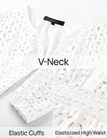 Load image into Gallery viewer, ZESICA Women&#39;s 2025 Long Sleeve Mini Dress Spring V Neck Hollow Out Eyelet Embroidery Ruffle A Line Swing Short Dresses,White,Medium
