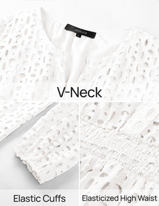 ZESICA Women's 2025 Long Sleeve Mini Dress Spring V Neck Hollow Out Eyelet Embroidery Ruffle A Line Swing Short Dresses,White,Medium
