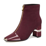 Load image into Gallery viewer, XINIUNIU Ankle Boots for Women Burgundy Booties Block Chunky Heeled Metal Square Toe Suede Front Zipper 3 Inch Dressy Short Boot Size 7.5
