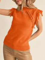 Load image into Gallery viewer, Saodimallsu Womens Sleeveless Sweater Vest Mock Neck Cable Knit Fringe Cap Sleeve Boho Trendy Pullover Tank Tops Orange
