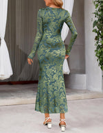Load image into Gallery viewer, MEROKEETY Women's 2026 Spring Wedding Guest Maxi Dress Long Sleeve Bodycon Floral Mesh Fall Cocktail Formal Party Dresses, GrayGreen, Medium
