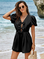 Load image into Gallery viewer, Cicy Bell Womens Cute Rompers Bow Front Puff Sleeve V Neck Short Jumpsuits Sexy Summer Outfits with Pockets
