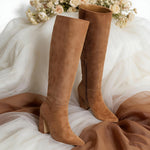 Load image into Gallery viewer, CYNLLIO Suede Brown Knee High Boots for Women Tall Wide Calf Tan Boots Fall Long Boot 3.35" Chunky Heeled Pointed Toe Botas de Mujer Elegantes Size 8.5
