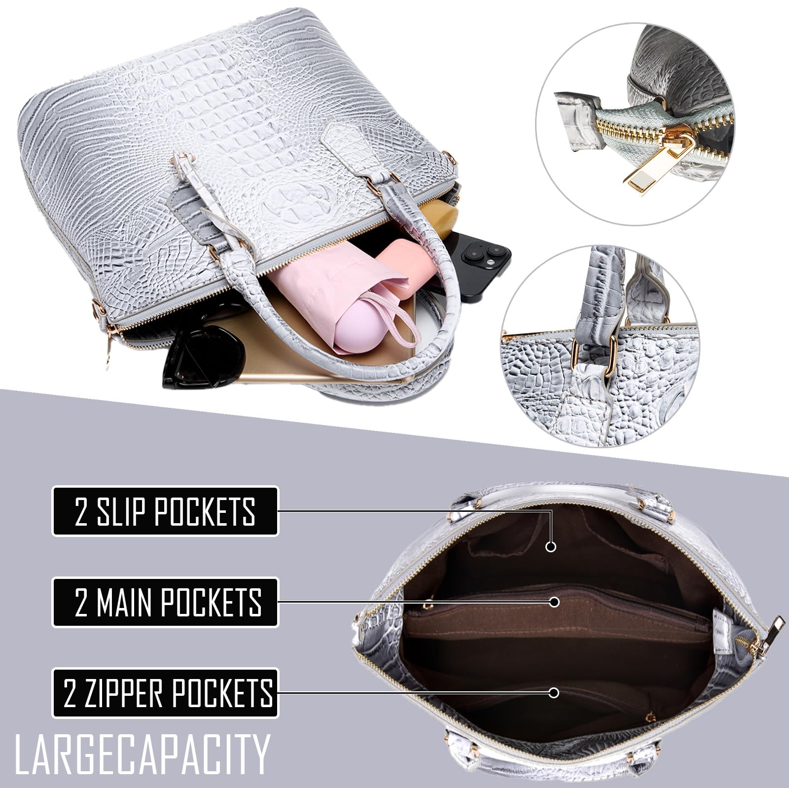 Crocodile Leather Tote Purse for Women Large Capacity Satchel Handbag with Strap Crossbody Bag for Work & Travel