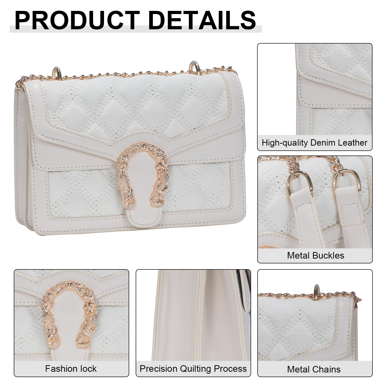 Aiqudou Quilted Crossbody Shoulder Bag for Women - Small Denim Chain Purse Leather Strap Fashion Casual Messenger Purse Bag(Mini White)