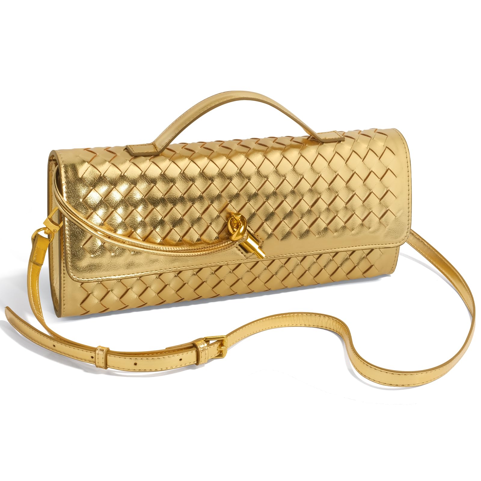 Jumping Deer Woven Clutch Purses for Women, Gold Clutch Formal Satchel Leather Evening Bag Shoulder Handbag, Gold