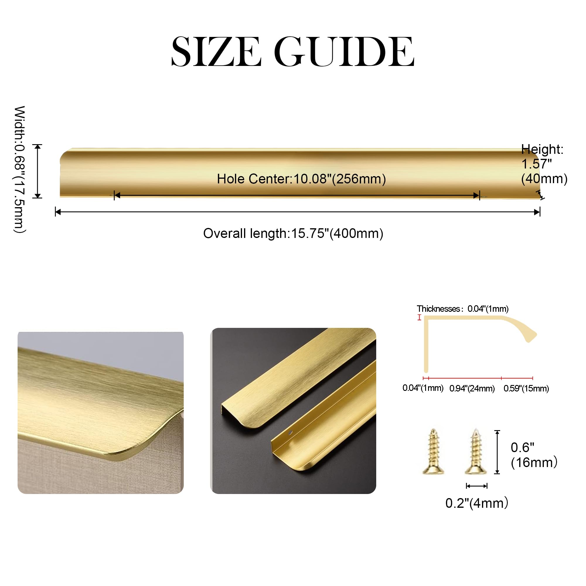 LEAPHZOT 4 Pack 16" (400mm) Overall Length Edge Finger Pull,Brushed Brass Concealed Kitchen Cabinet Handle,Top Mount Flat Cabinet Pulls for Cupboard Door Drawer,6814